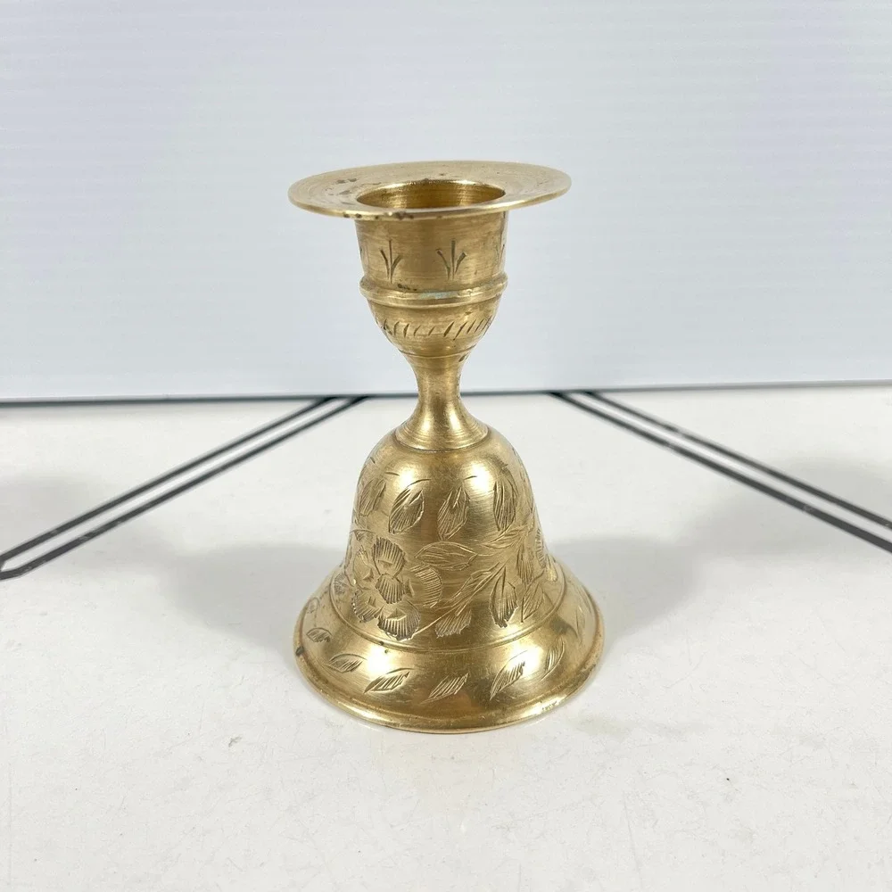 Vintage Etched Brass Bell Candle Holder Floral Hand‎ Engraved Made in India